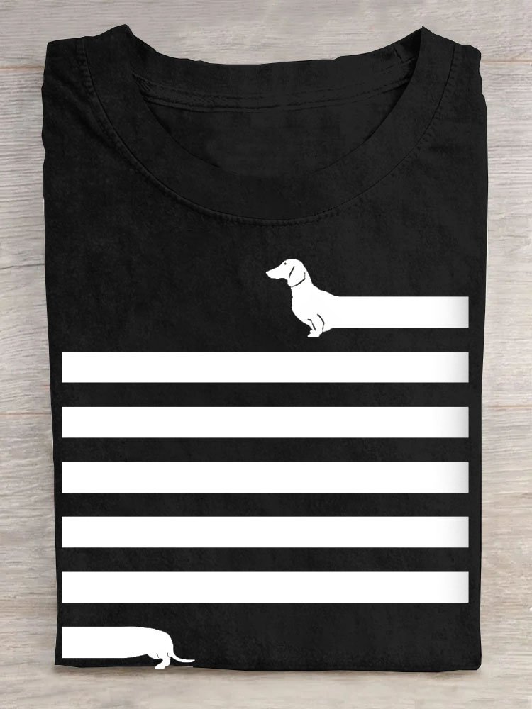 Gestreift Hund Print Rundhals Kurz Ärmeln Lässig T-Shirt