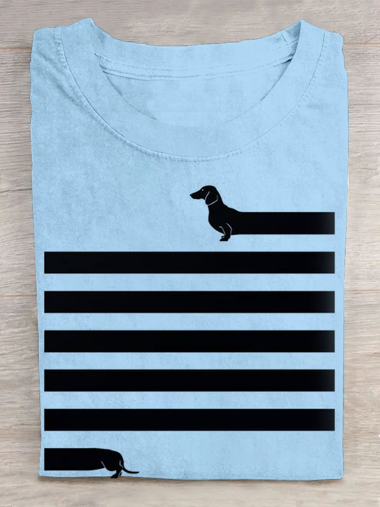 Gestreift Hund Print Rundhals Kurz Ärmeln Lässig T-Shirt