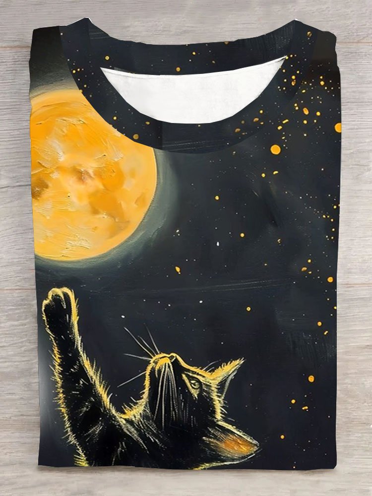 Mond und Katze Print Rundhals Kurzarm Lässig T-Shirt