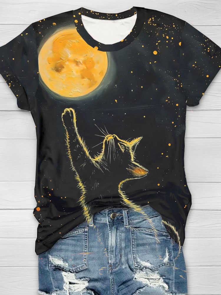 Mond und Katze Print Rundhals Kurzarm Lässig T-Shirt