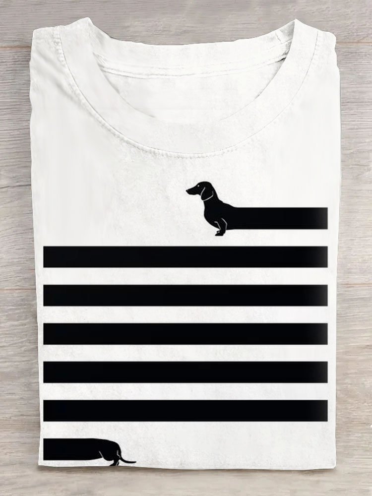 Gestreift Hund Print Rundhals Kurz Ärmeln Lässig T-Shirt