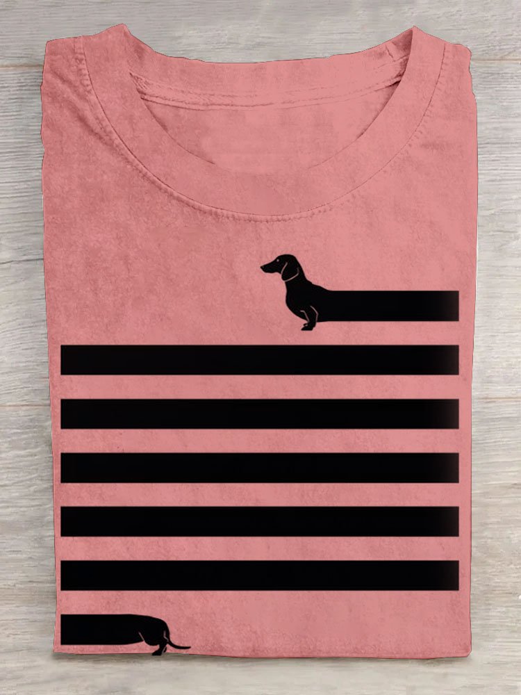 Gestreift Hund Print Rundhals Kurz Ärmeln Lässig T-Shirt