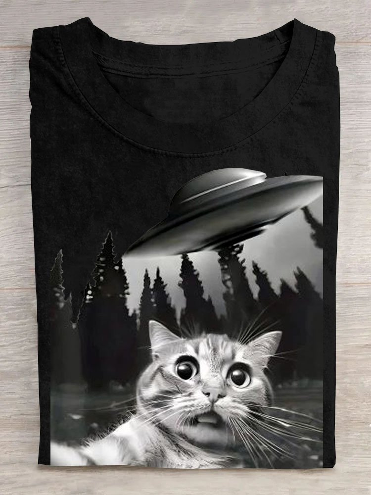 Katze Raumschiff Print Rundhals Kurz Ärmeln Lässig T-Shirt