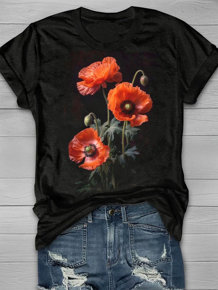 Orange Blumenmuster Rundhals Kurz Ärmeln Lässig T-Shirt