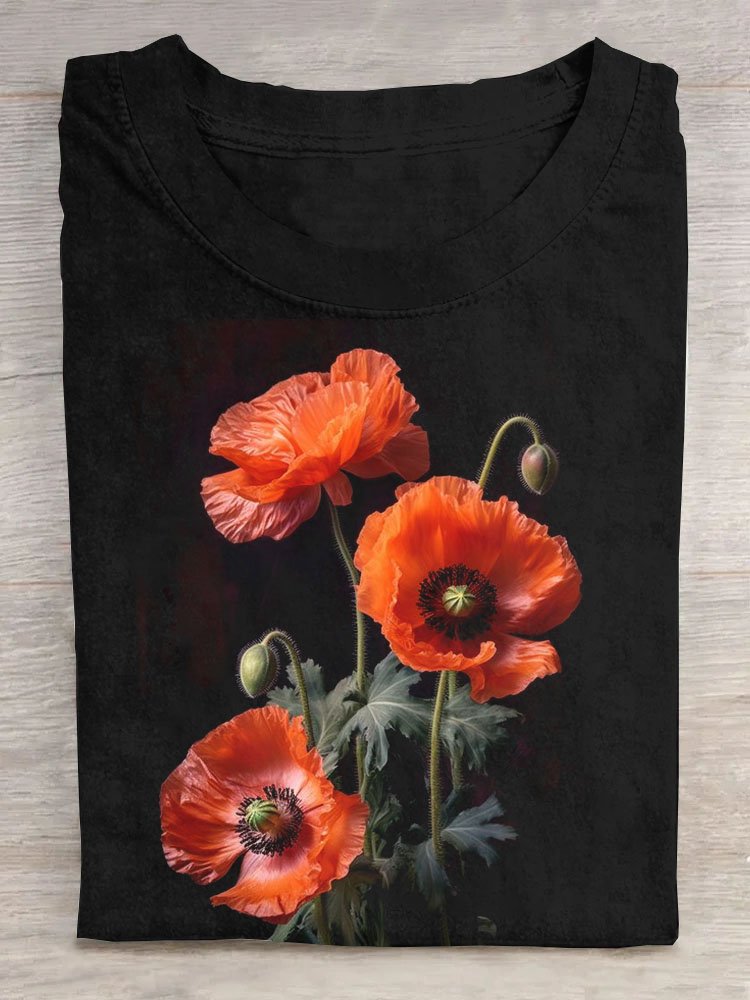 Orange Blumenmuster Rundhals Kurz Ärmeln Lässig T-Shirt