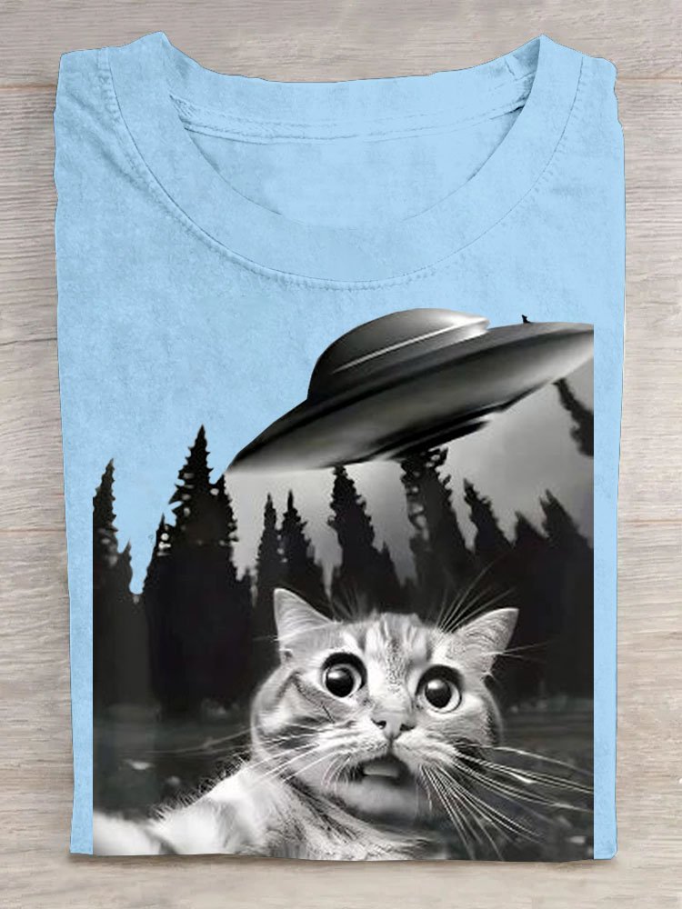 Katze Raumschiff Print Rundhals Kurz Ärmeln Lässig T-Shirt