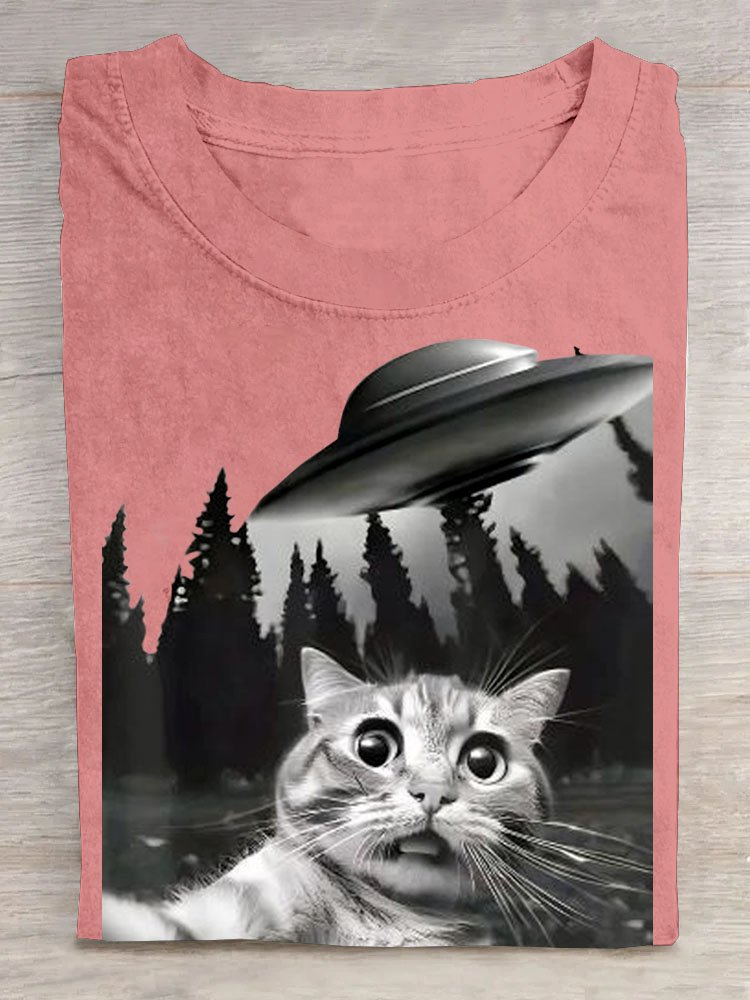 Katze Raumschiff Print Rundhals Kurz Ärmeln Lässig T-Shirt