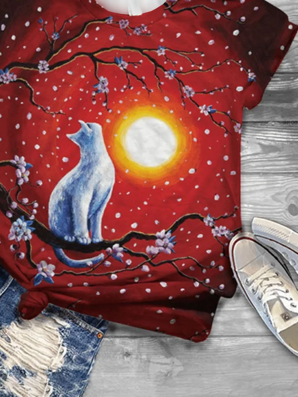 Geblümt Katze Print Rundhals Kurzarm Lässig T-Shirt