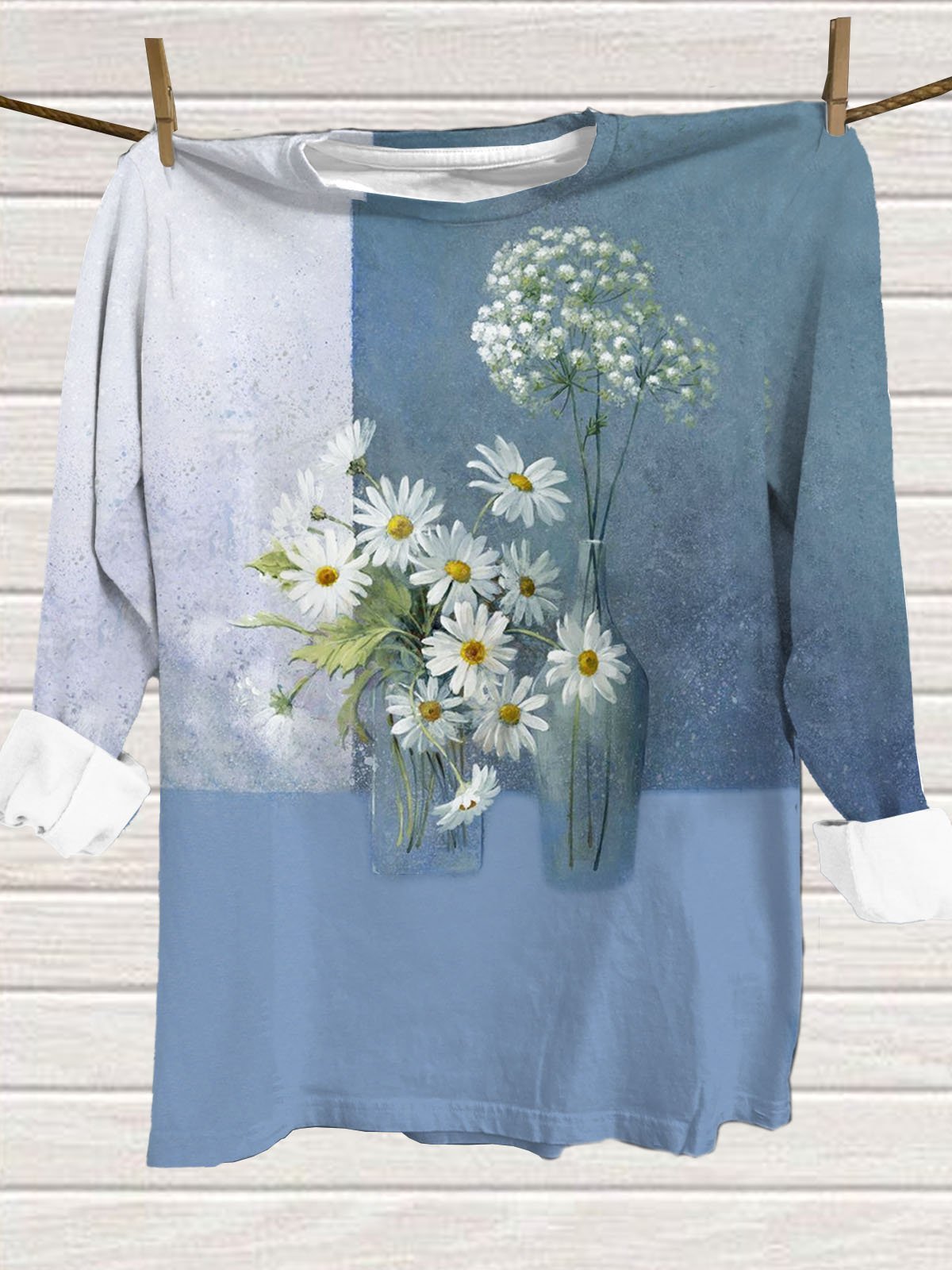 Gänseblümchen Blumenmuster Rundhals Langarm Lässig T-Shirt