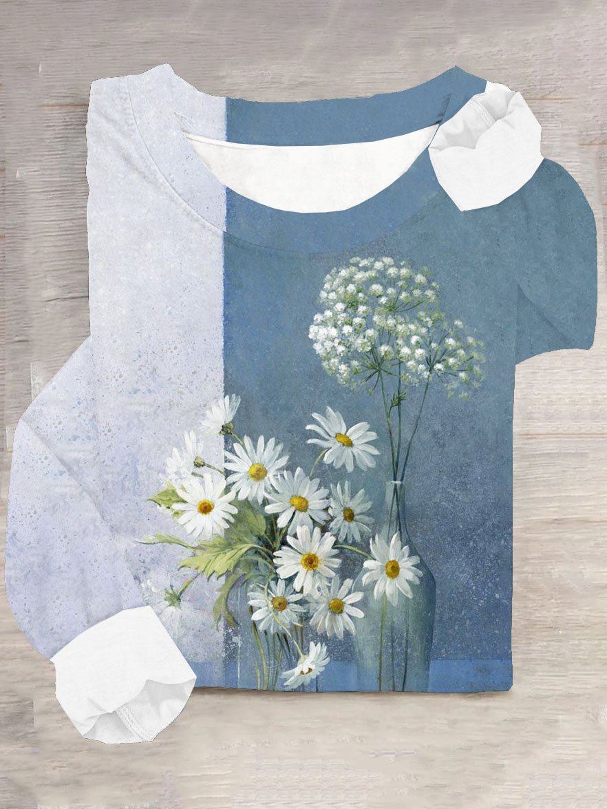 Gänseblümchen Blumenmuster Rundhals Langarm Lässig T-Shirt