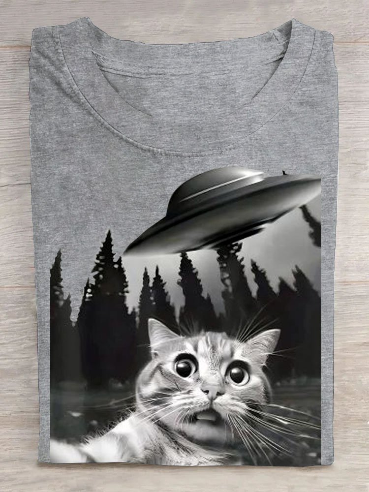 Katze Raumschiff Print Rundhals Kurz Ärmeln Lässig T-Shirt