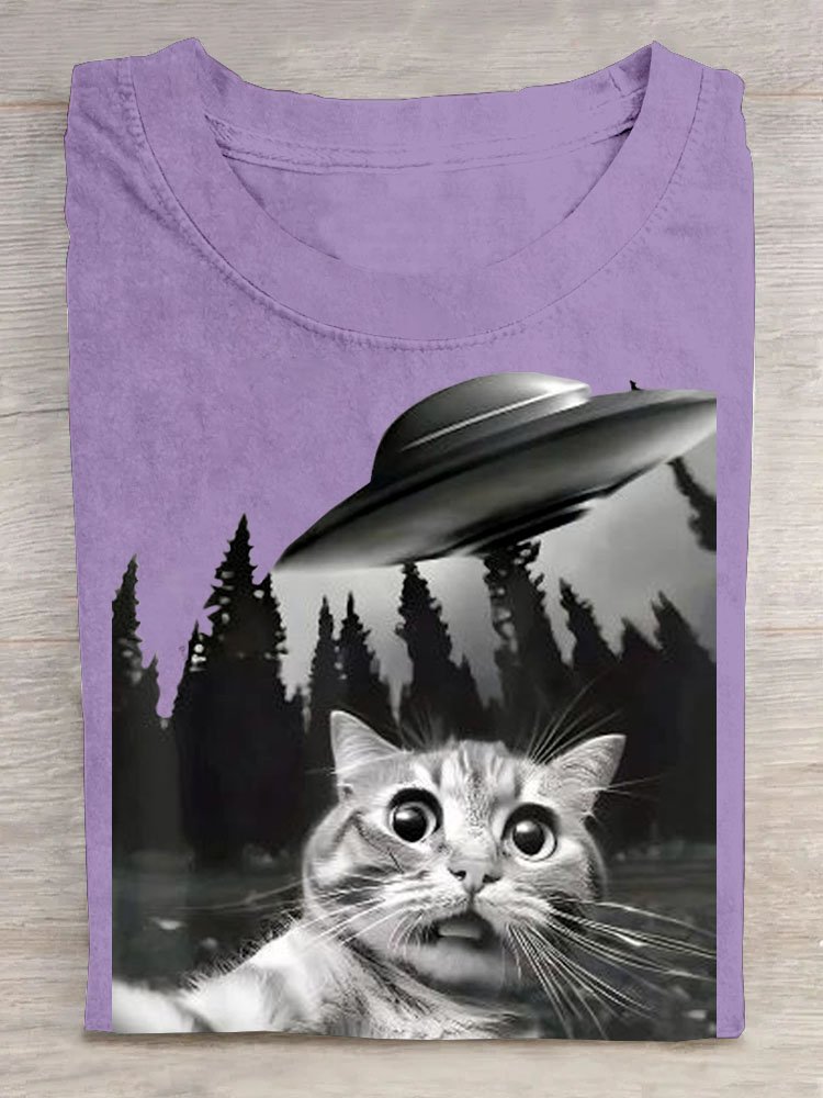 Katze Raumschiff Print Rundhals Kurz Ärmeln Lässig T-Shirt