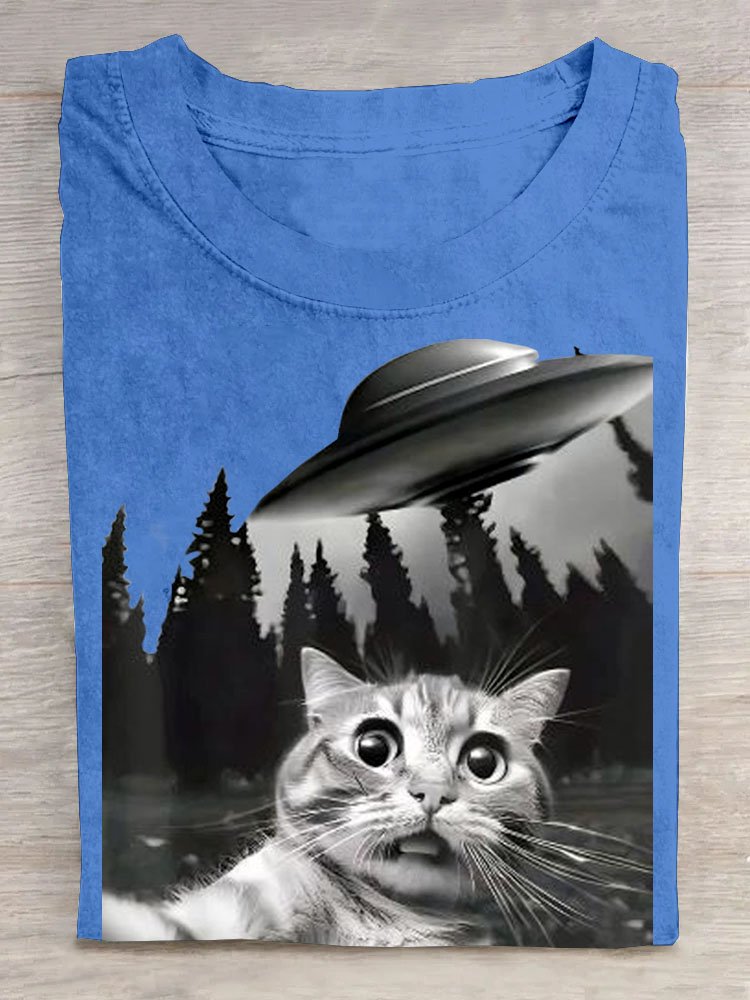 Katze Raumschiff Print Rundhals Kurz Ärmeln Lässig T-Shirt