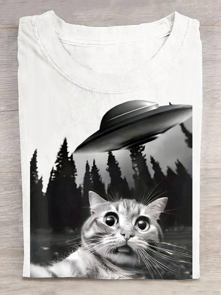 Katze Raumschiff Print Rundhals Kurz Ärmeln Lässig T-Shirt