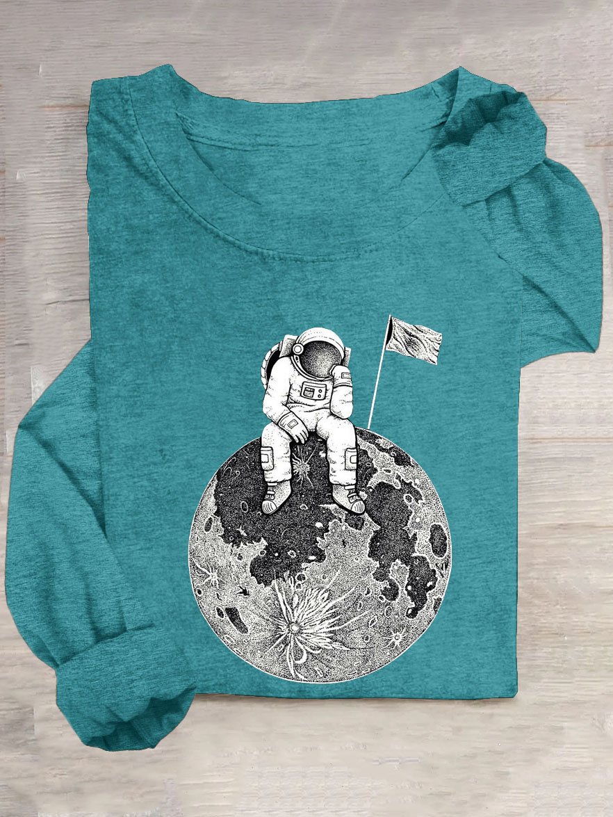 Mond Astronaut Print Rundhals Langarm Lässig T-Shirt