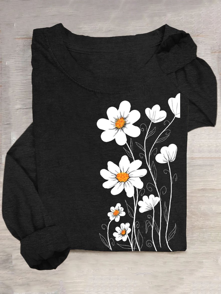 Blumenmuster Rundhals Langarm Lässig T-Shirt