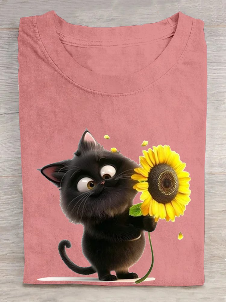 Weit Lässig Katze Rundhals T-Shirt