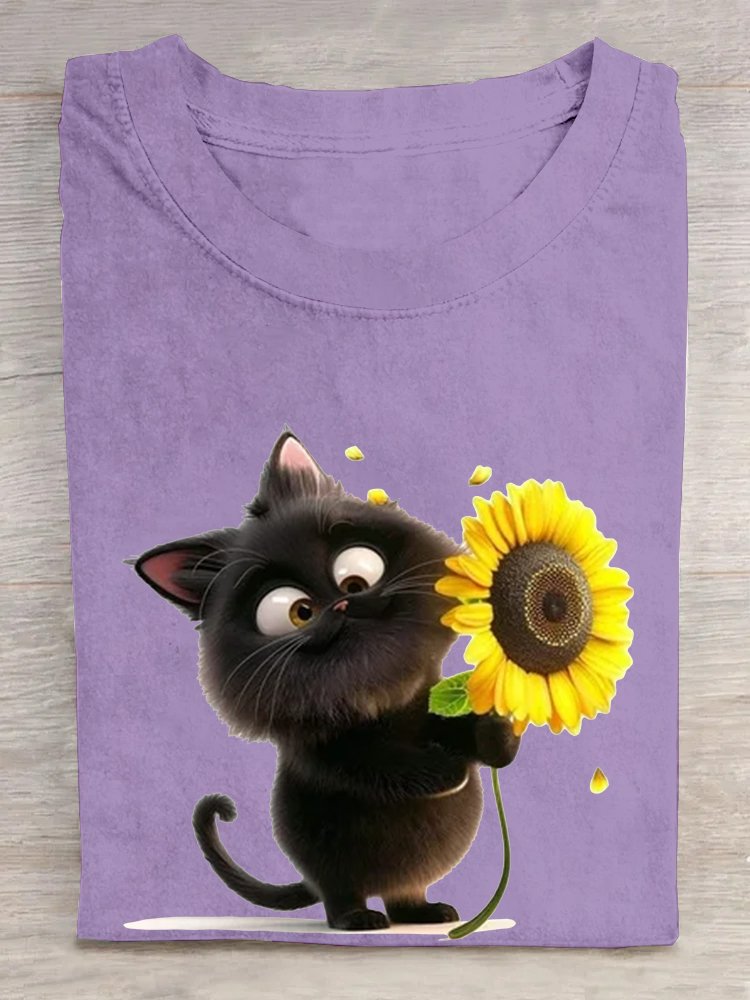 Weit Lässig Katze Rundhals T-Shirt