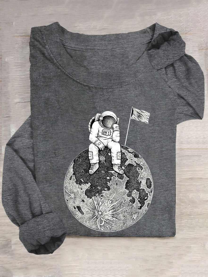 Mond Astronaut Print Rundhals Langarm Lässig T-Shirt