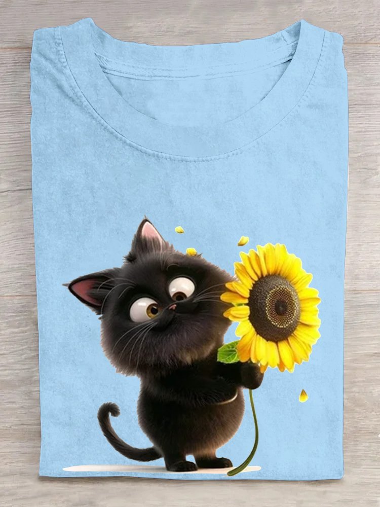 Weit Lässig Katze Rundhals T-Shirt