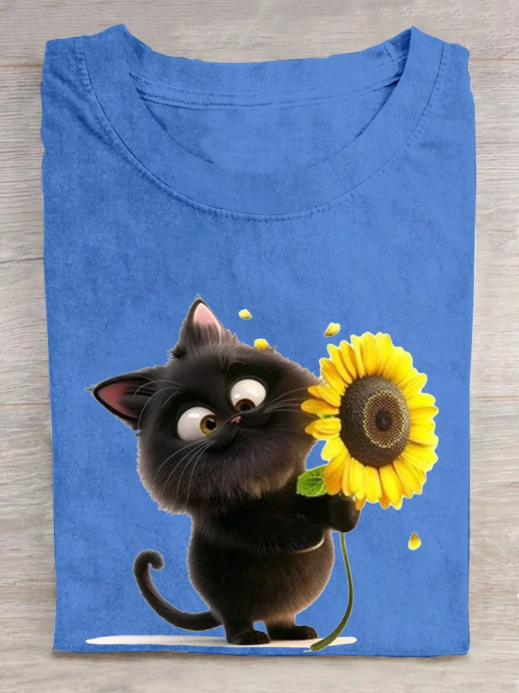 Weit Lässig Katze Rundhals T-Shirt