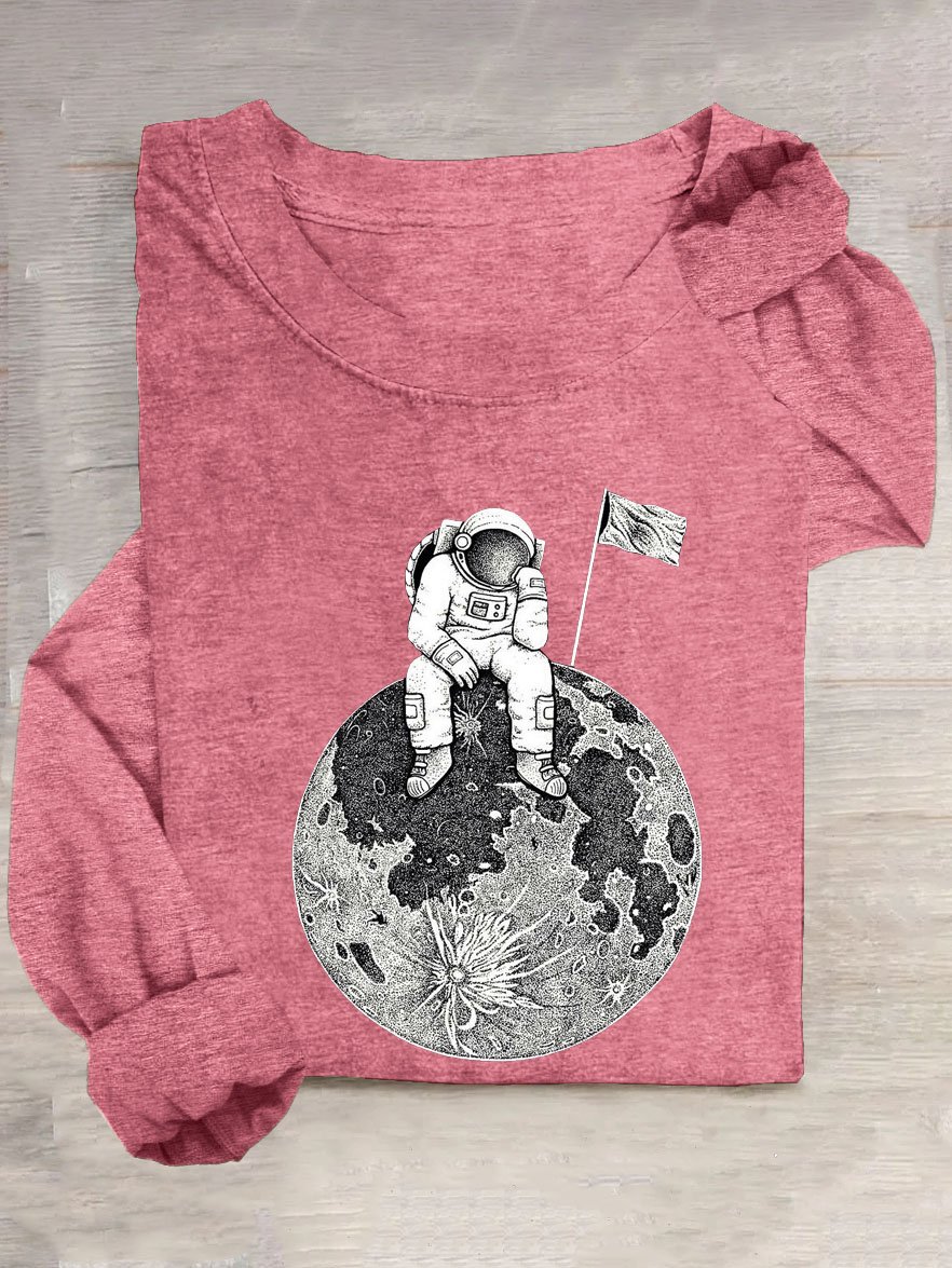 Mond Astronaut Print Rundhals Langarm Lässig T-Shirt