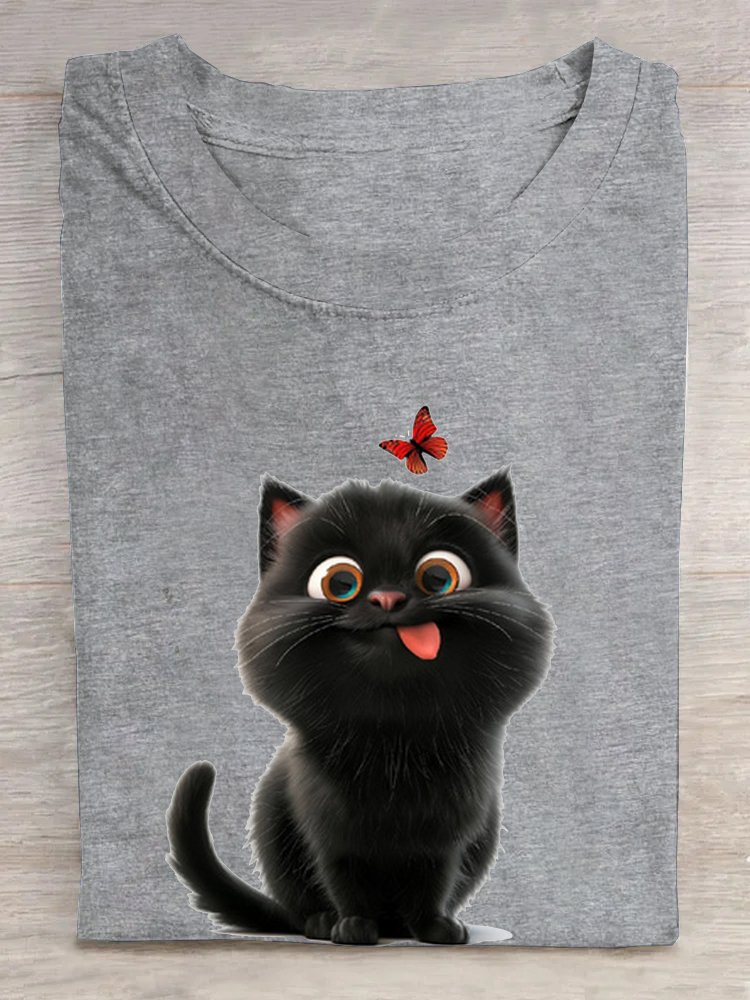 Rundhals Weit Katze Lässig T-Shirt