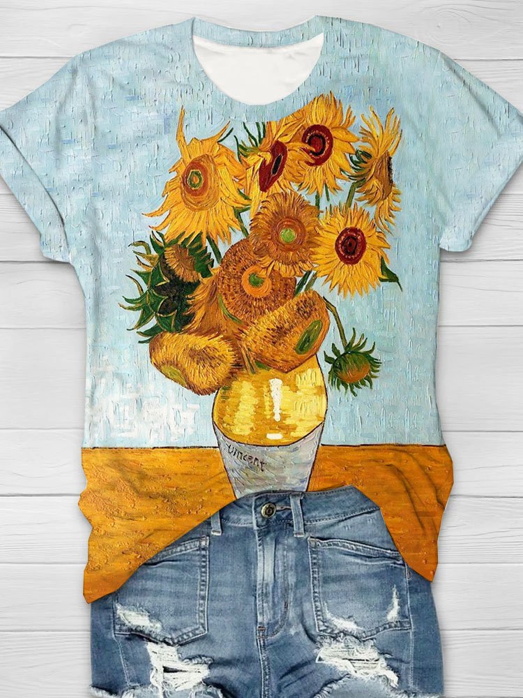 Sonnenblume Print Rundhals Kurz Ärmeln Lässig Geblümt T-Shirt