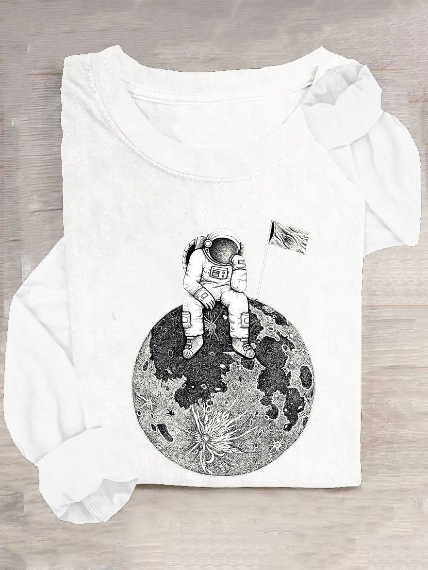 Mond Astronaut Print Rundhals Langarm Lässig T-Shirt