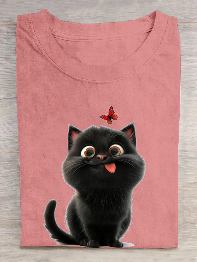 Rundhals Weit Katze Lässig T-Shirt