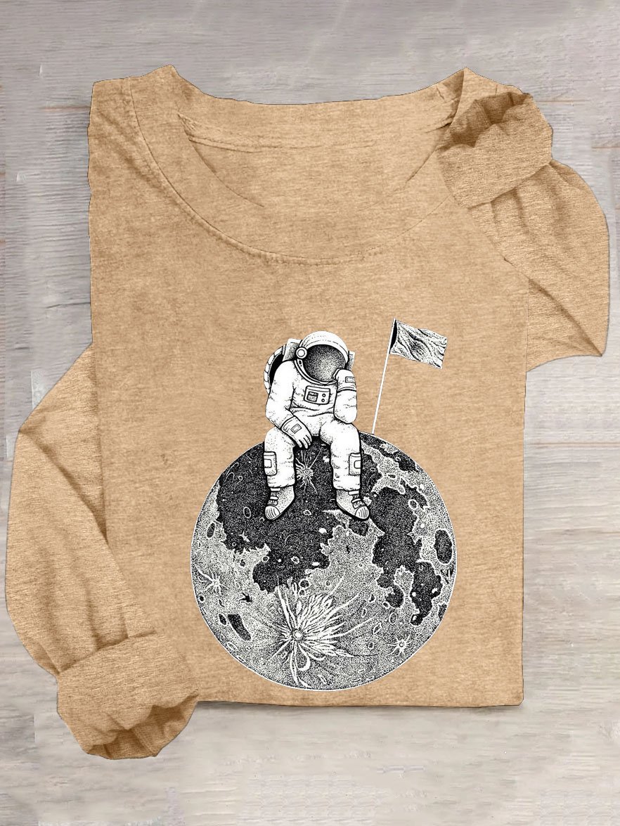 Mond Astronaut Print Rundhals Langarm Lässig T-Shirt