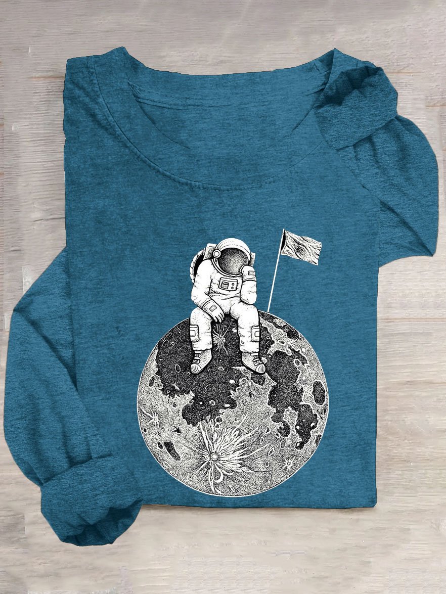 Mond Astronaut Print Rundhals Langarm Lässig T-Shirt