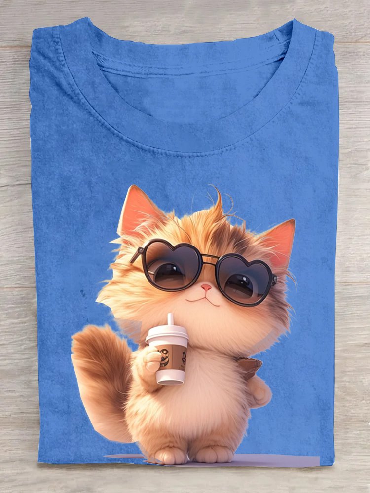 Rundhals Katze Lässig Baumwolle T-Shirt