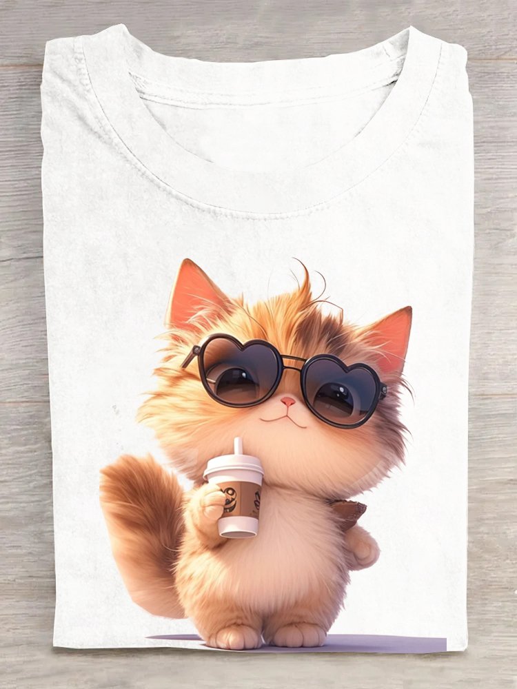 Rundhals Katze Lässig Baumwolle T-Shirt