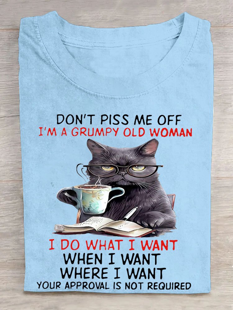 Lustig Katze Text Buchstabe Print Rundhals T-Shirt