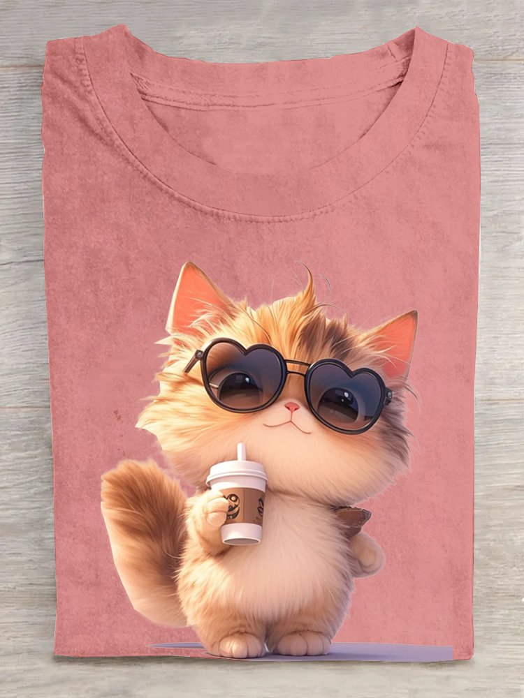 Rundhals Katze Lässig Baumwolle T-Shirt