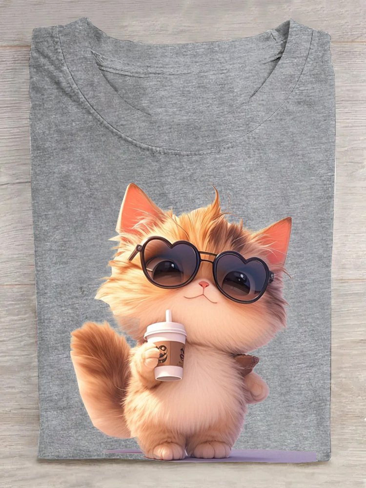 Rundhals Katze Lässig Baumwolle T-Shirt