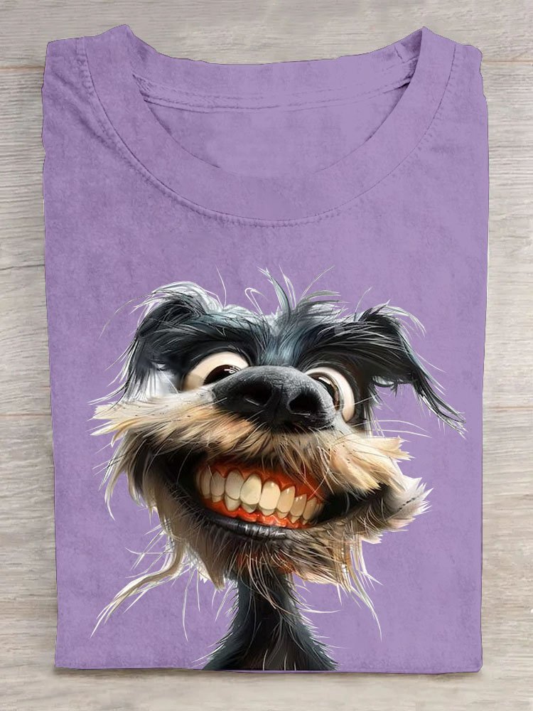 Lustig Gezahnt Hund Print Rundhals T-Shirt