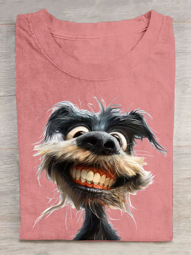 Lustig Gezahnt Hund Print Rundhals T-Shirt