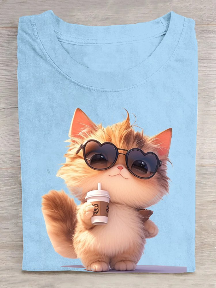 Rundhals Katze Lässig Baumwolle T-Shirt