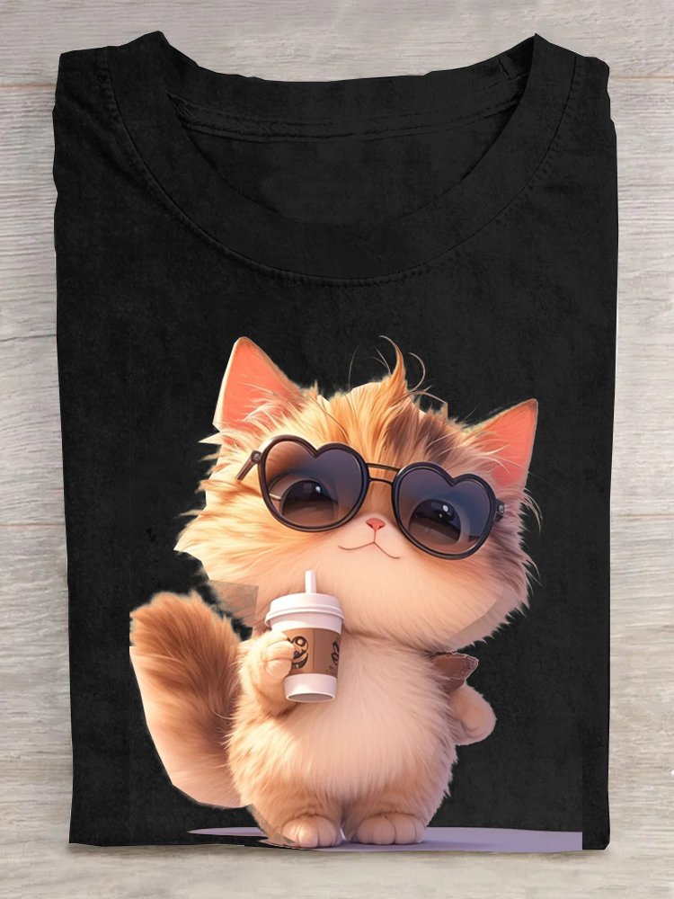 Rundhals Katze Lässig Baumwolle T-Shirt