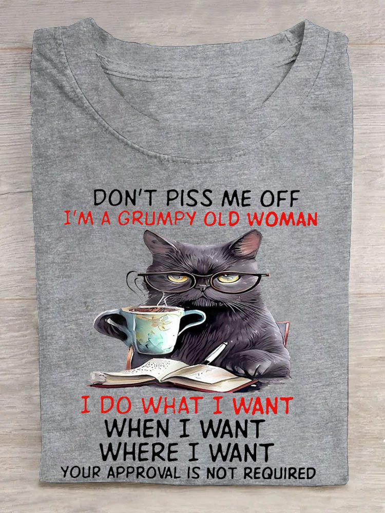 Lustig Katze Text Buchstabe Print Rundhals T-Shirt