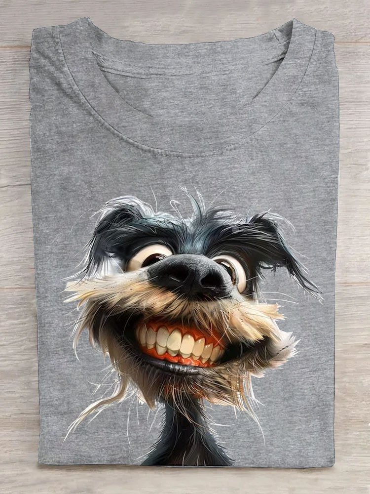 Lustig Gezahnt Hund Print Rundhals T-Shirt