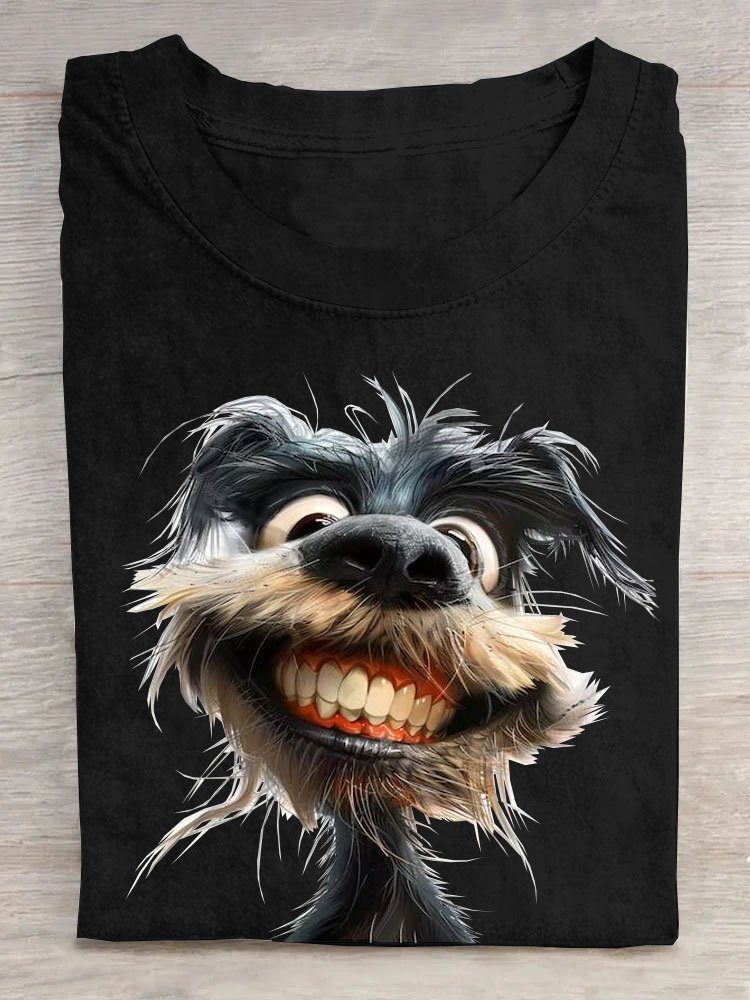 Lustig Gezahnt Hund Print Rundhals T-Shirt