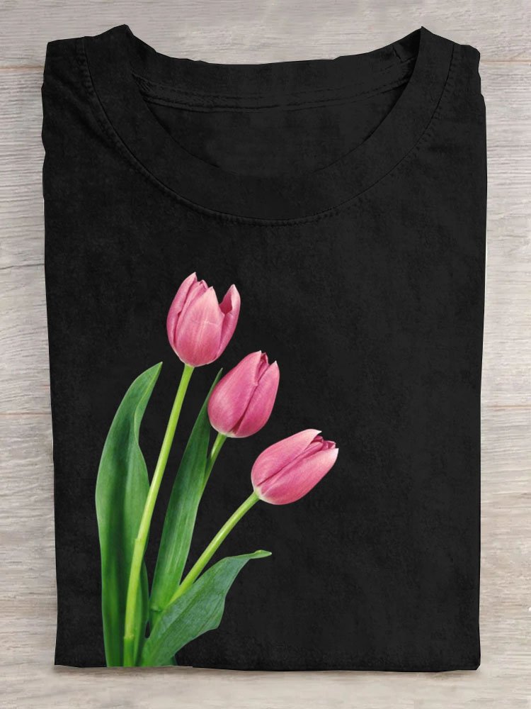 Tulpe Blumenmuster Rundhals Lässig T-Shirt