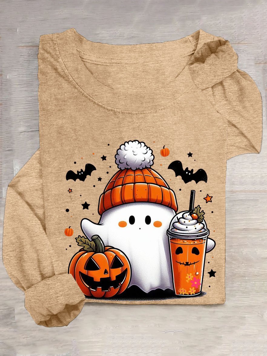 Halloween Kürbis Print Rundhals Langarm Lässig T-Shirt