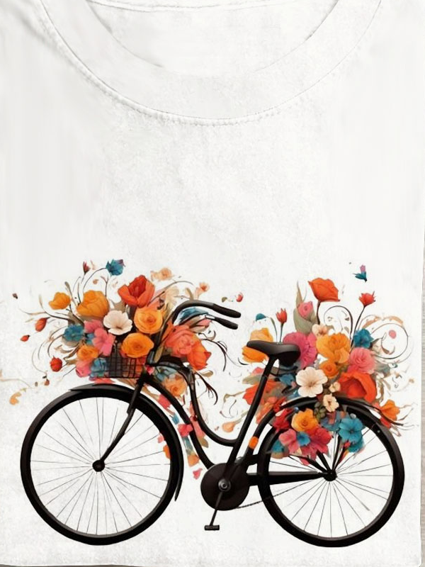 Geblümt Fahrrad Print Rundhals Lässig T-Shirt