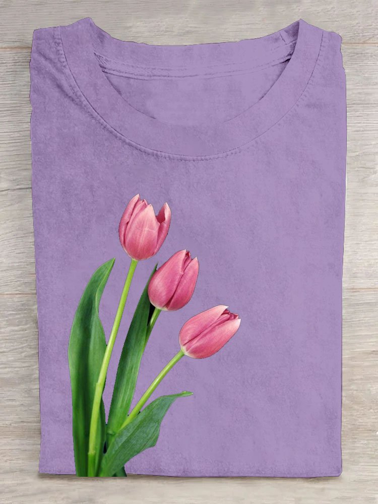 Tulpe Blumenmuster Rundhals Lässig T-Shirt