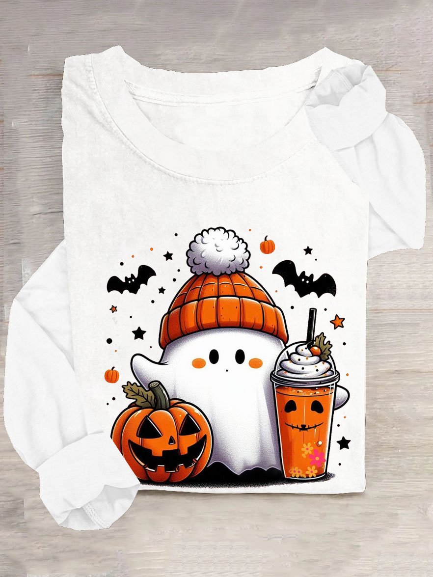 Halloween Kürbis Print Rundhals Langarm Lässig T-Shirt