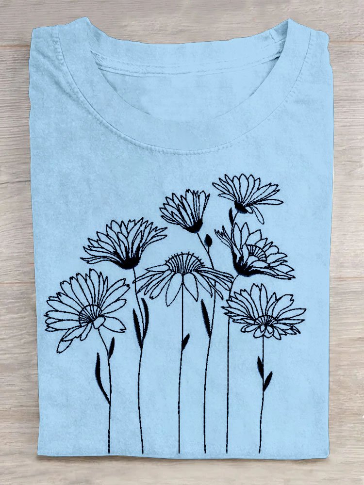 Blumenmuster Rundhals Kurz Ärmeln Lässig T-Shirt